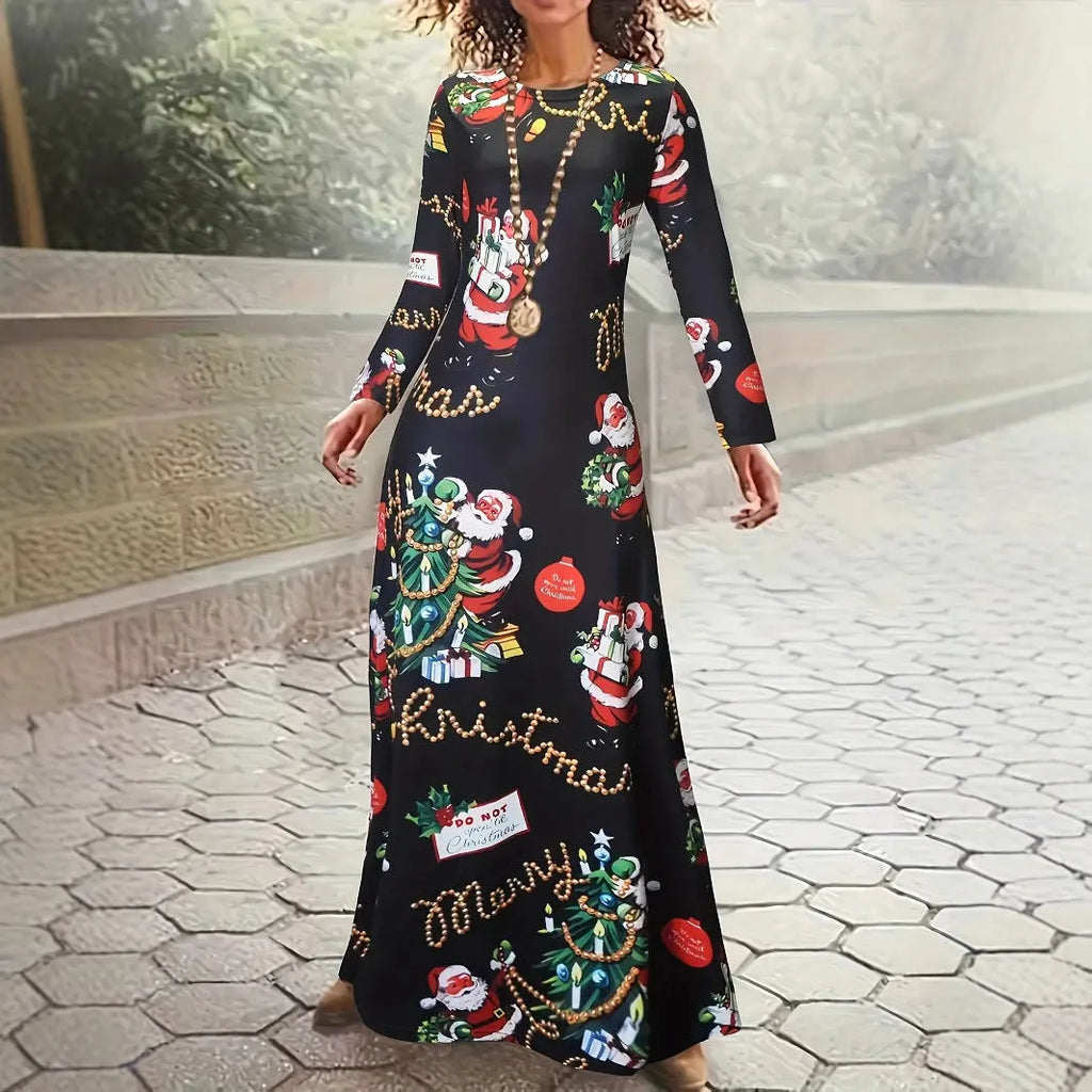 Santa Claus printed round neck long sleeve polyester dress in beige with mid waist and long skirt