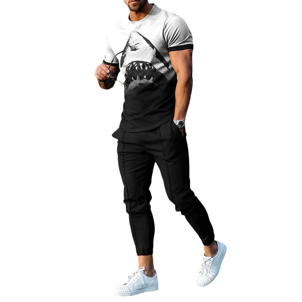 Man wearing a short-sleeved printed round neck T-shirt and matching trousers from a cotton-like polyester suit.