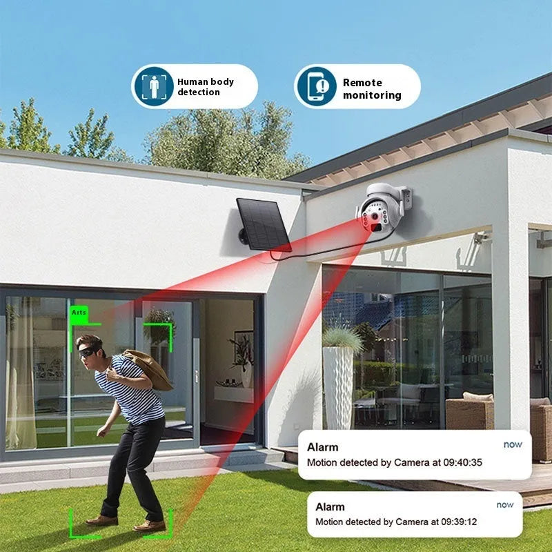 White solar security camera with solar panel and lens for outdoor wireless monitoring