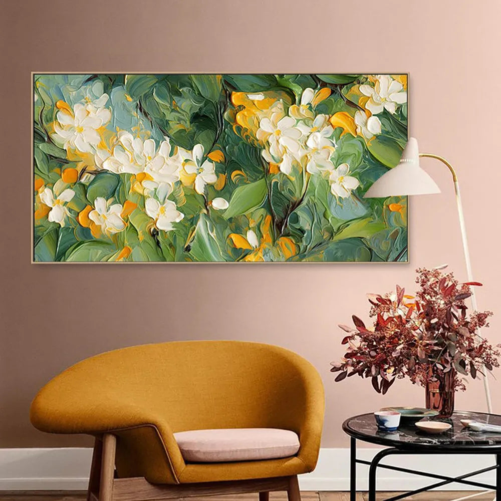 Handmade abstract floral oil painting on canvas with 3D texture, crabapple blossoms, frameless rolled artwork
