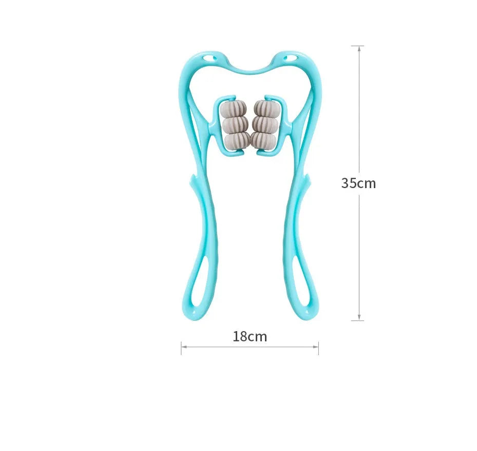 Blue swan-shaped six-wheel manual neck massager with rotating balls and natural jade scraping board on white background