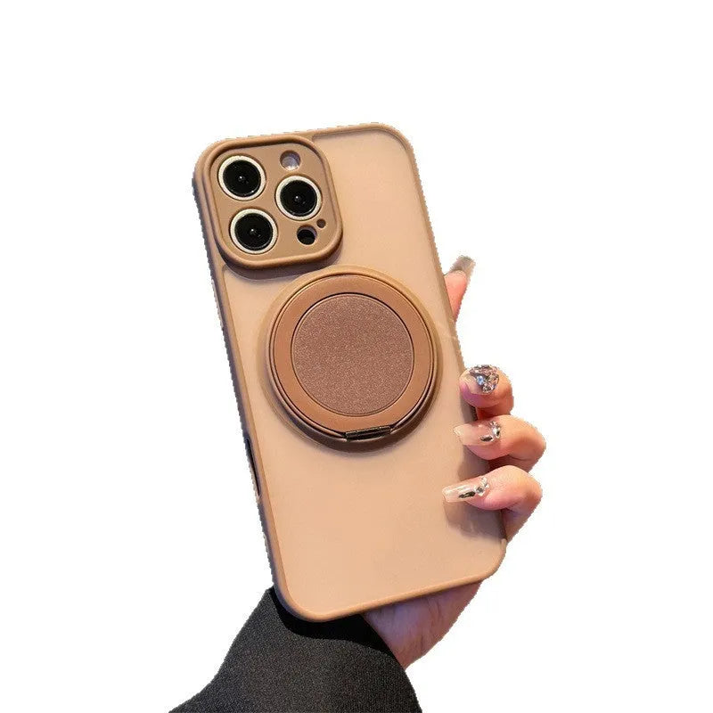 Frosted black phone case with integrated rotating magnetic bracket for IPhone 17 models on a table.