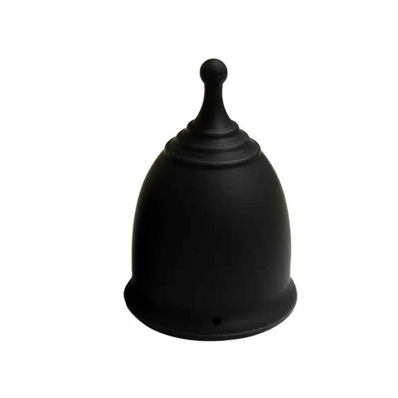 Medical grade silicone menstrual cup in black, blue, pink, purple or transparent, sizes S 42mm and L 46mm, top type shape.