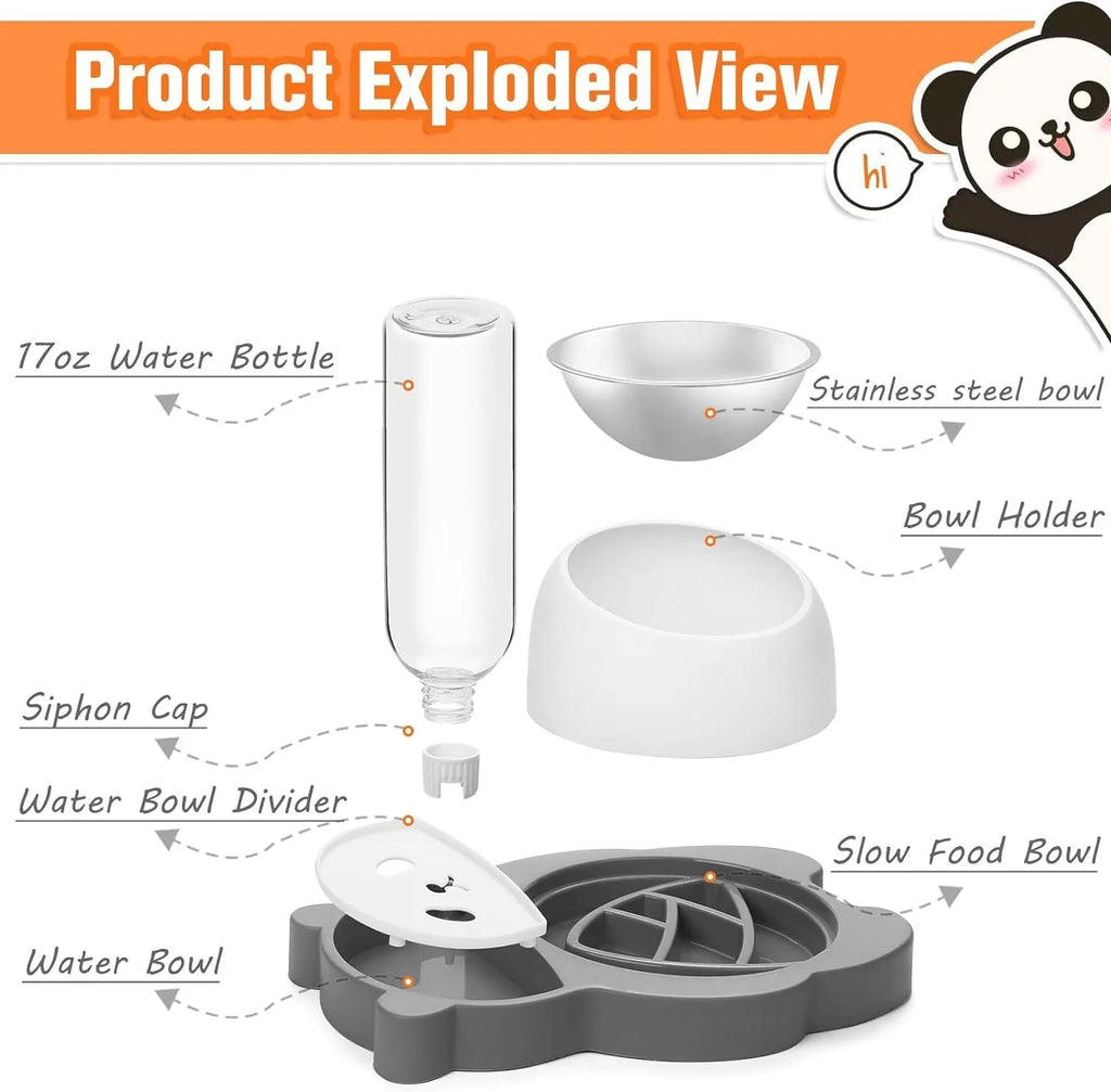 Grey and green panda-shaped raised pet bowl set with tilted bowls and a large water bottle.