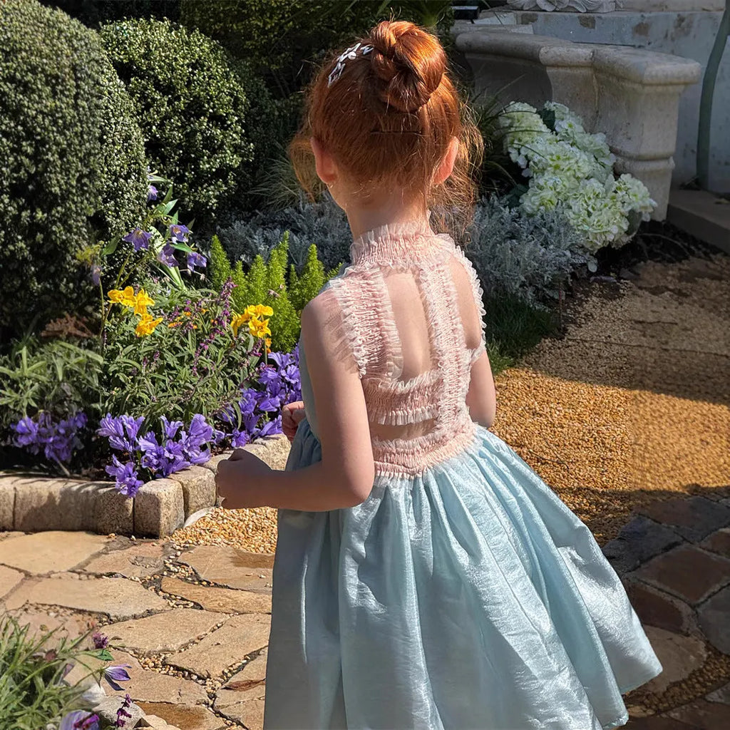 Light blue girls backless sleeveless dress with cotton lining