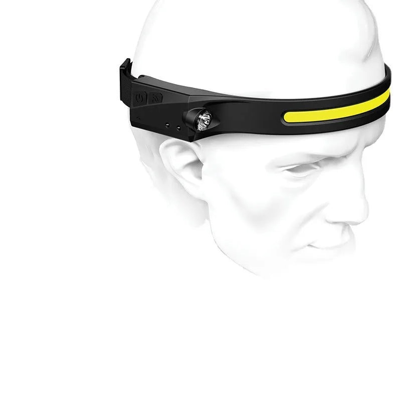Black silicone USB rechargeable LED headlamp with wide beam and separate spotlight on adjustable strap.