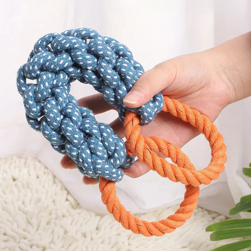 Blue braided cotton rope bone dog toy with double-ring loops