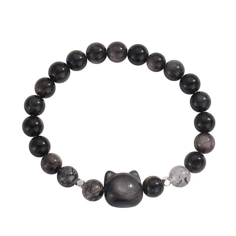 Obsidian cat couple bracelet with silver or white agate design and electroplated finish
