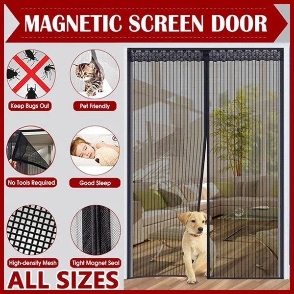 Magnetic mesh door screens in black and coffee colors, featuring durable polyester construction and convenient auto-closing design for insect protection.