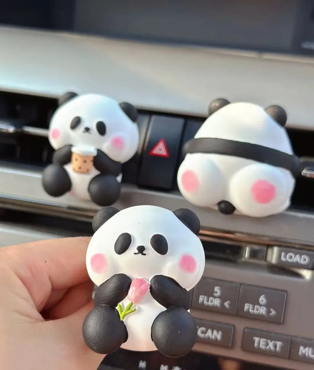 Cute panda car vent perfume decoration clip in milk tea, flower, or back panda style.