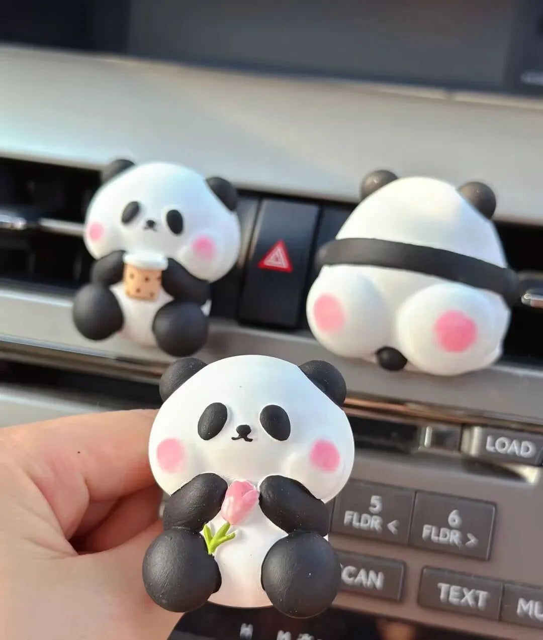 Cute panda car vent perfume decoration clip in milk tea, flower, or back panda style.
