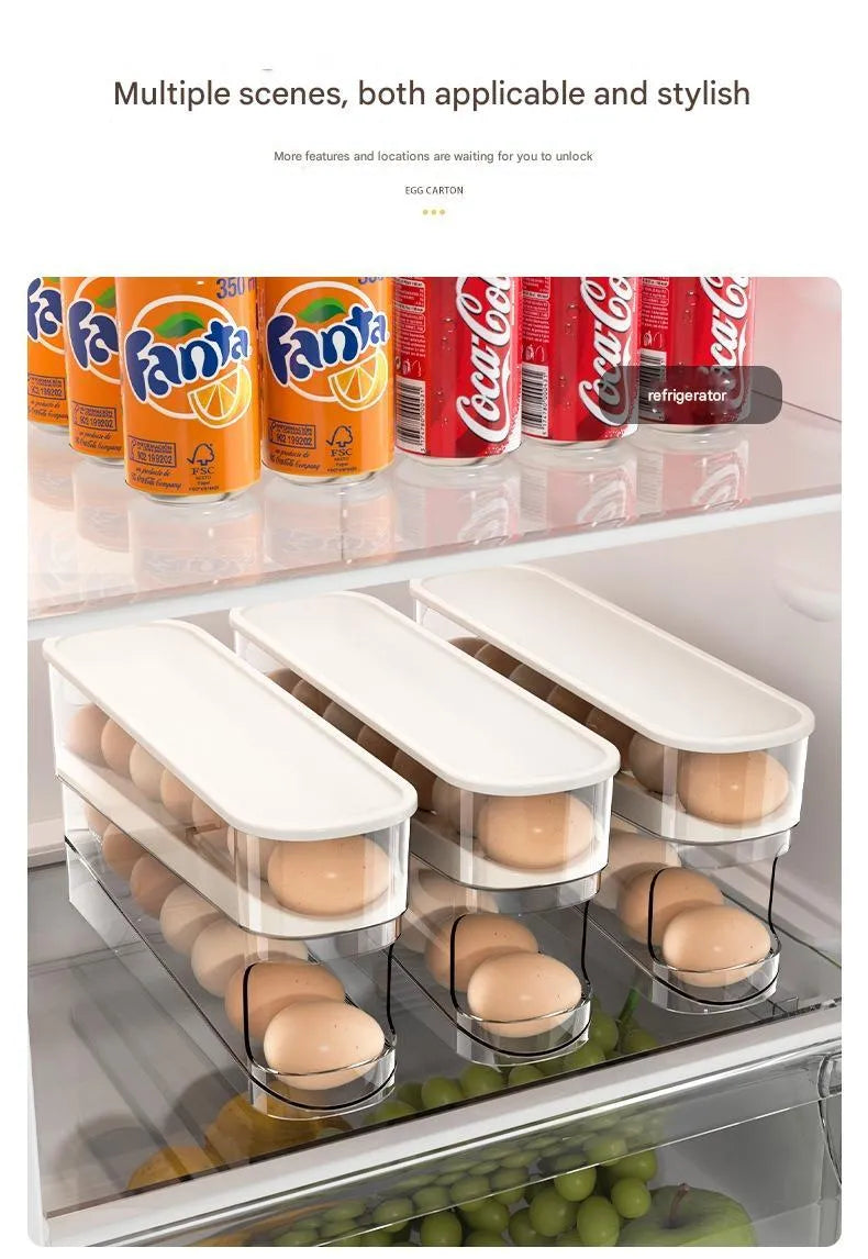 Clear plastic slide-out egg tray dispenser holding 12 eggs on refrigerator side door shelf