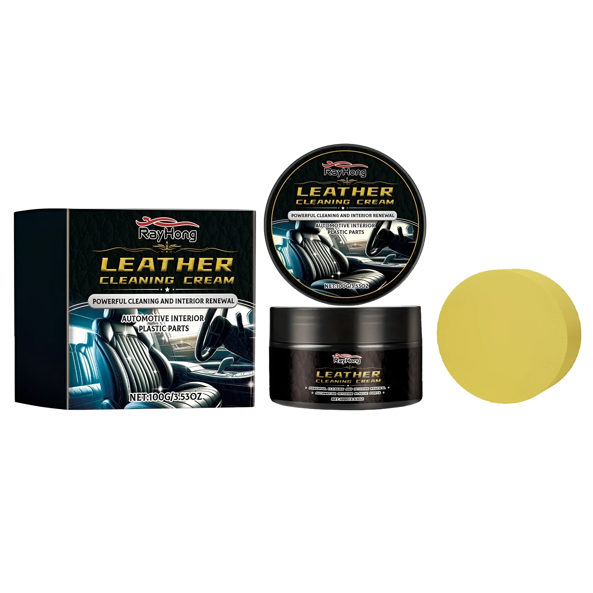 100g jar of leather cleaning cream with a rectangular cleaning sponge on a white background.