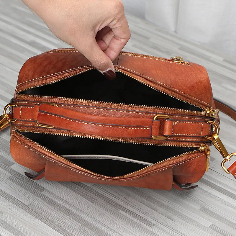 Genuine leather women's shoulder bag pillow shape top grain leather retro handbag brown colour