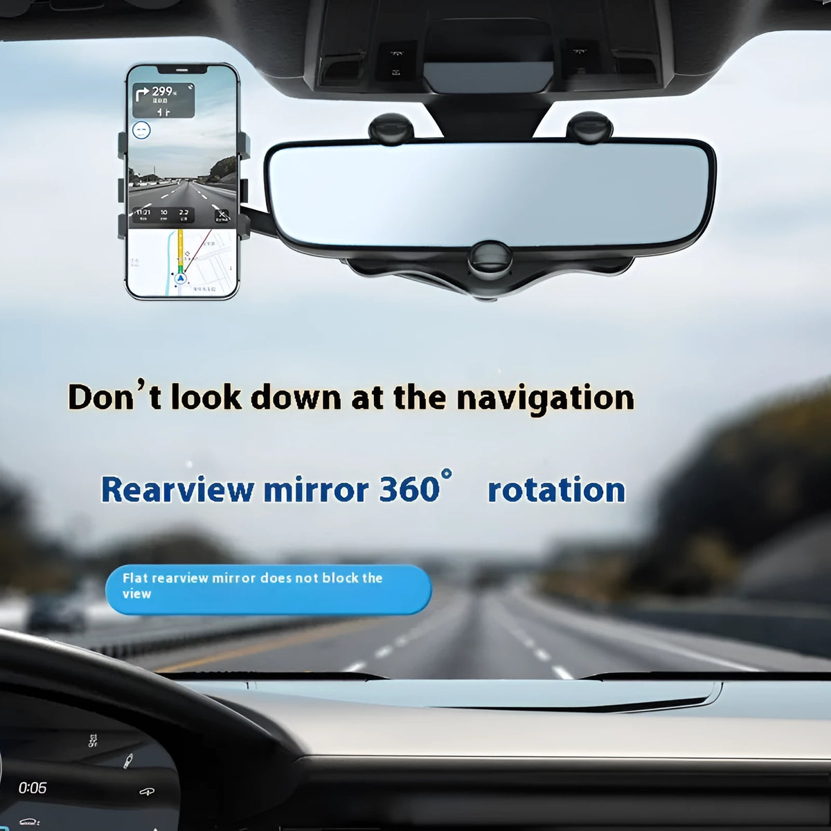 Anti-shake mobile phone holder navigation bracket in Mirror 5 generation black plastic on a car dashboard