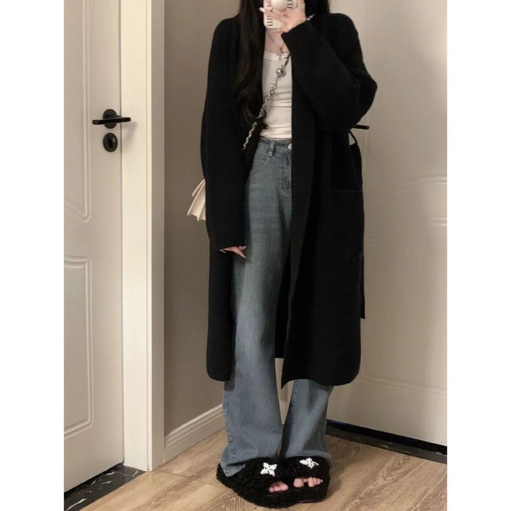 Gentle thickened knitted cardigan coat for women, shoulder strap style, Ice Silk fabric, beige colour, open front