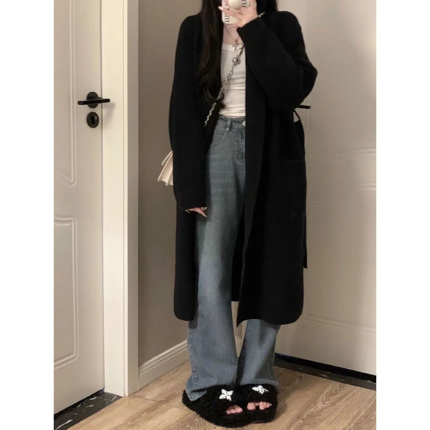 Gentle thickened knitted cardigan coat for women, shoulder strap style, Ice Silk fabric, beige colour, open front