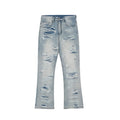 Men's flared washed jeans in light blue denim with zipper fly