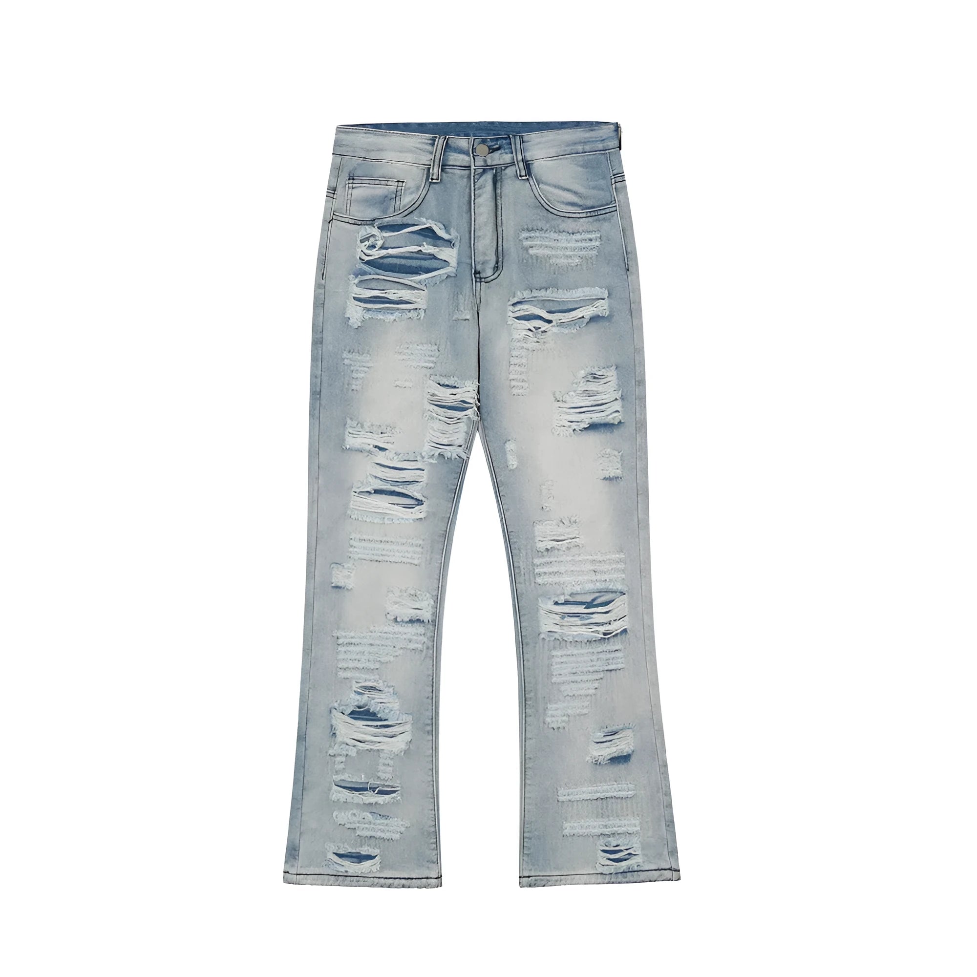 Men's flared washed jeans in light blue denim with zipper fly