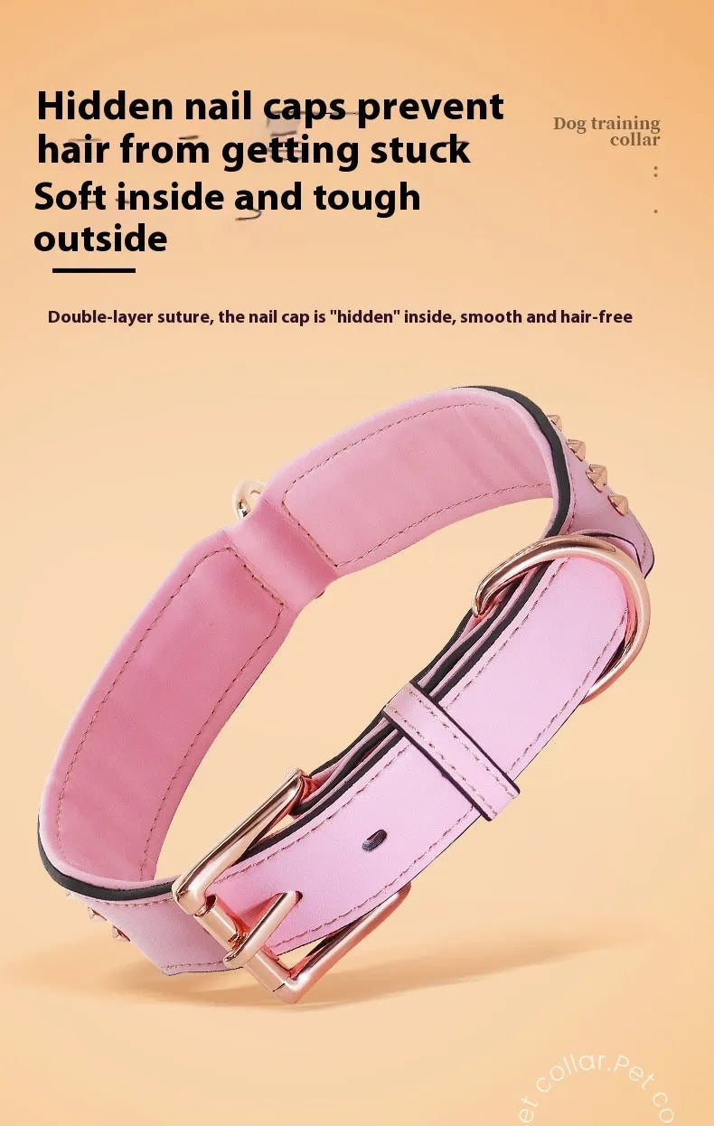 Leather dog collar with metal rivets in black, chocolate brown, or pink colour