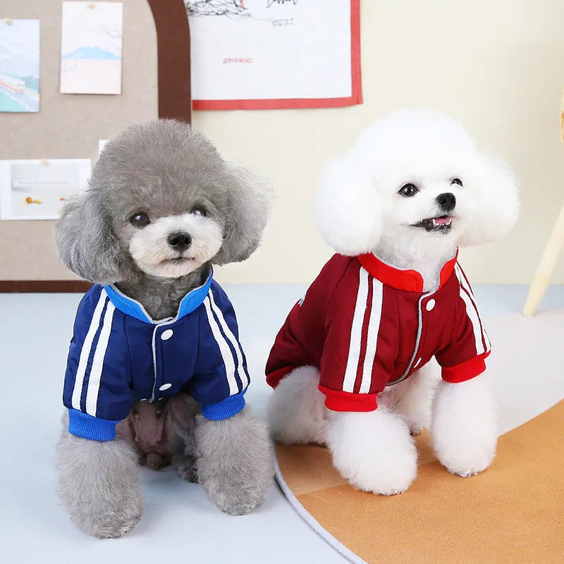 Red or blue thick cotton V-neck dog coat shown in sizes from XS to 3L for winter wear.