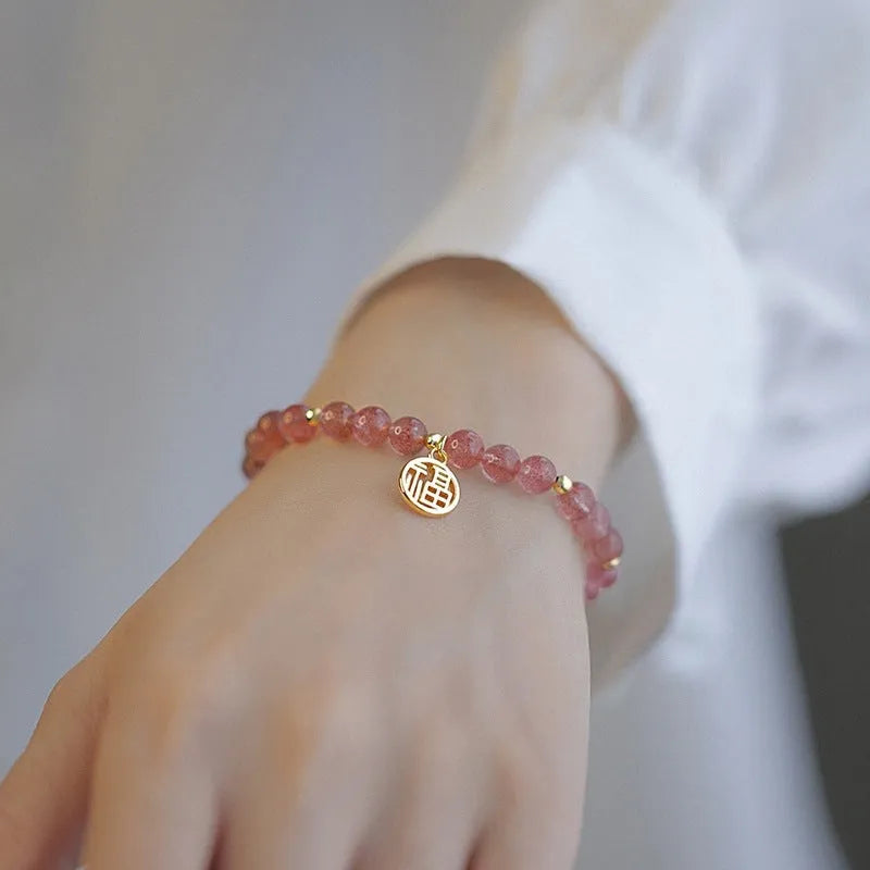 Handmade strawberry quartz blessing card bracelet with adjustable universal wrist size