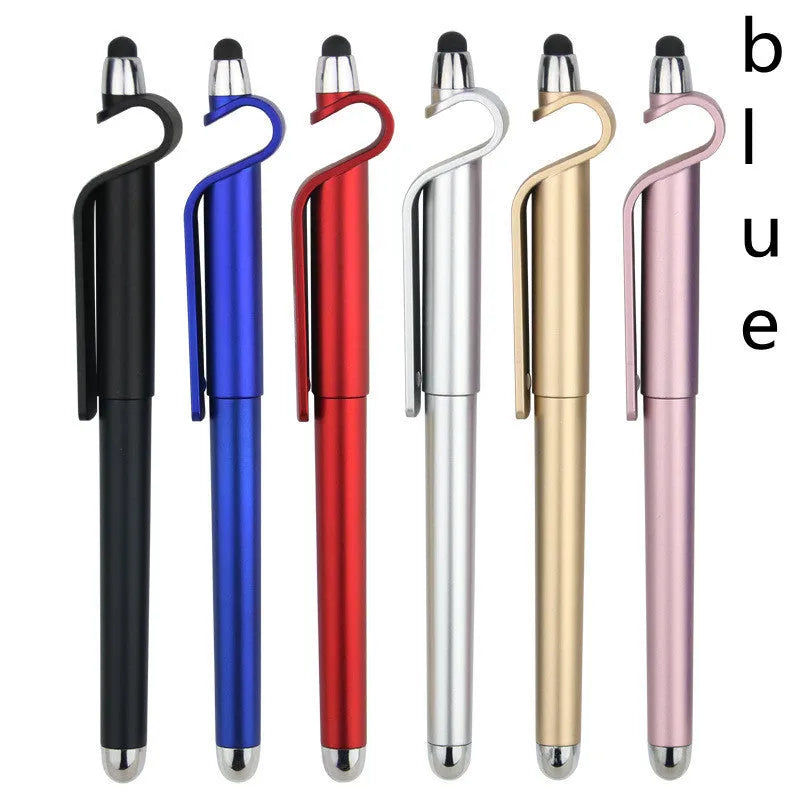 Black and blue multifunctional touchscreen pen with built-in phone holder, showing 0.5mm tip.
