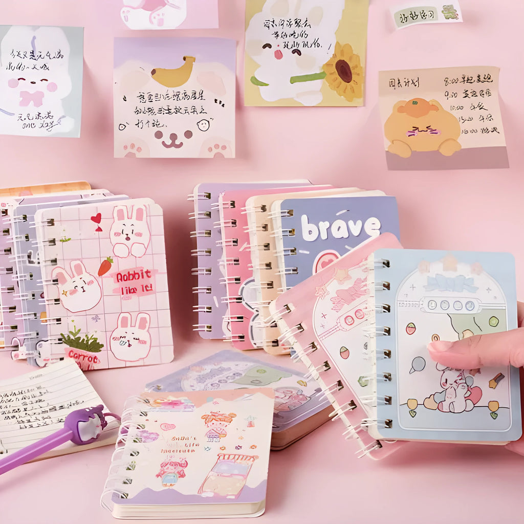Student flip coil notebook with cloth cover, 105x80mm dimensions, screw binding, and carry-on pocket