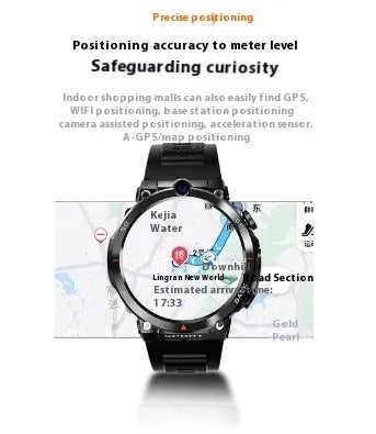 Multi-functional sports smartwatch with dual cameras on wrist, showing touch screen interface.