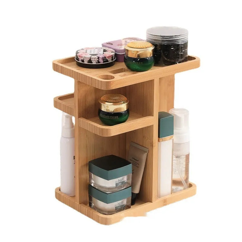 Bamboo rotating storage rack with multiple layers and grid compartments for organisation