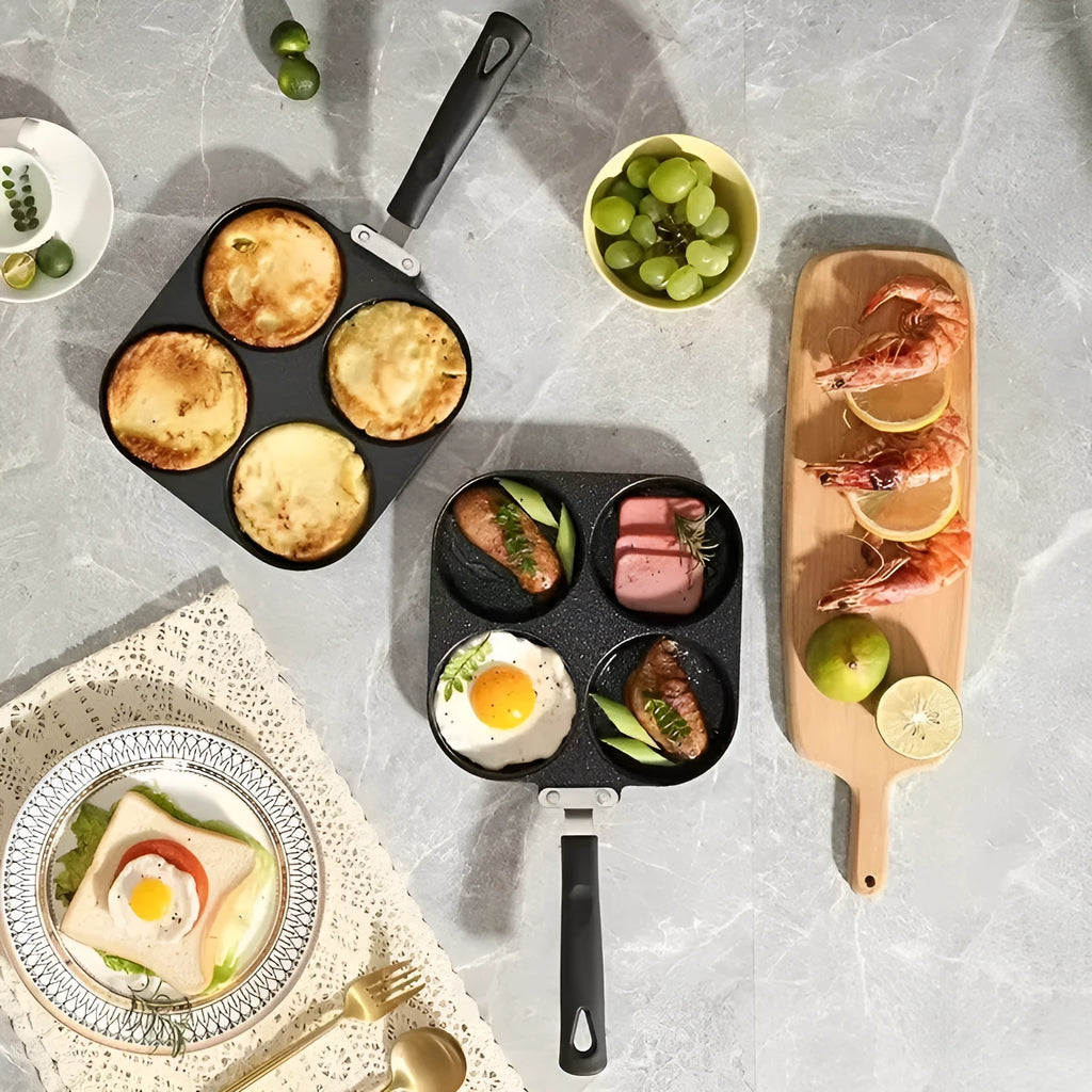 Four compartment non-stick aluminium frying pan with Bakelite handle for cooking eggs and pancakes