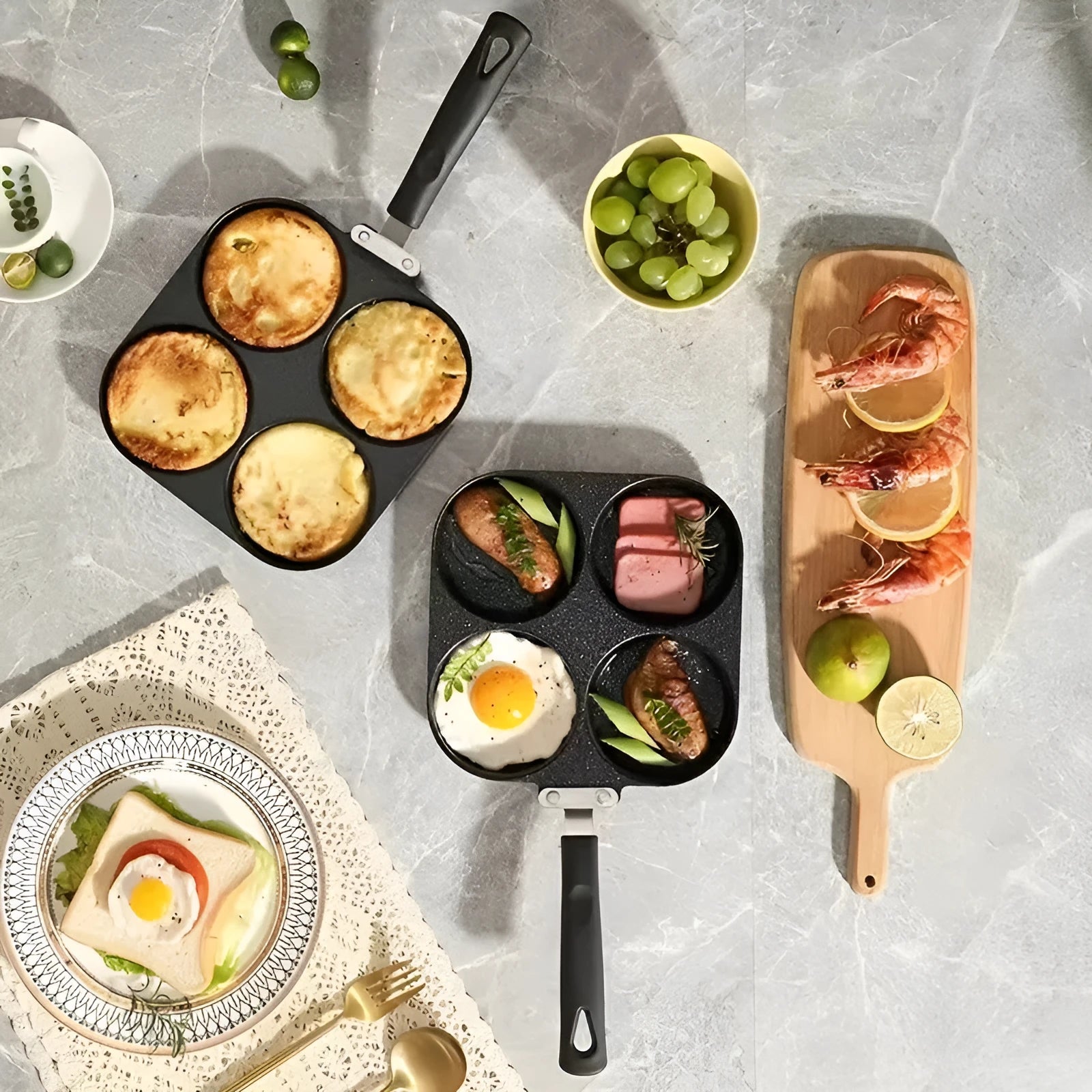 Four compartment non-stick aluminium frying pan with Bakelite handle for cooking eggs and pancakes