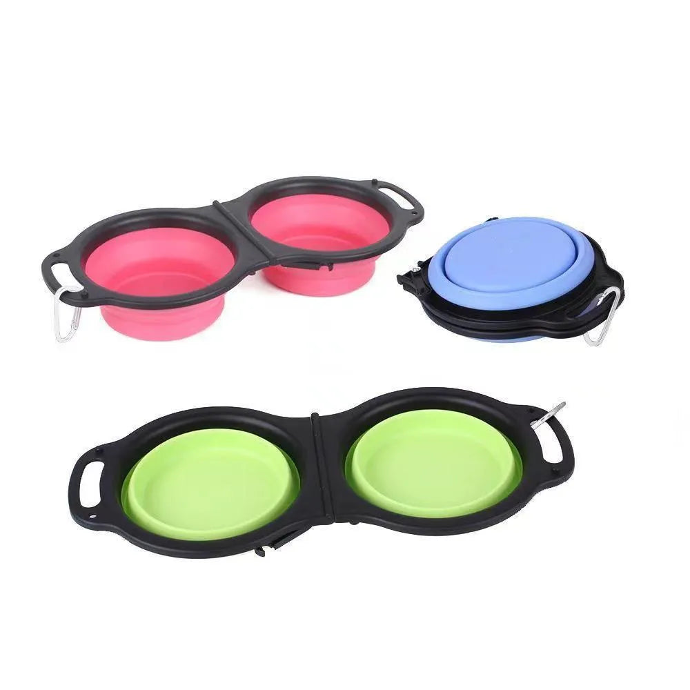 Blue folding silicone pet bowls collapsed and expanded with non-slip mat for dogs and cats