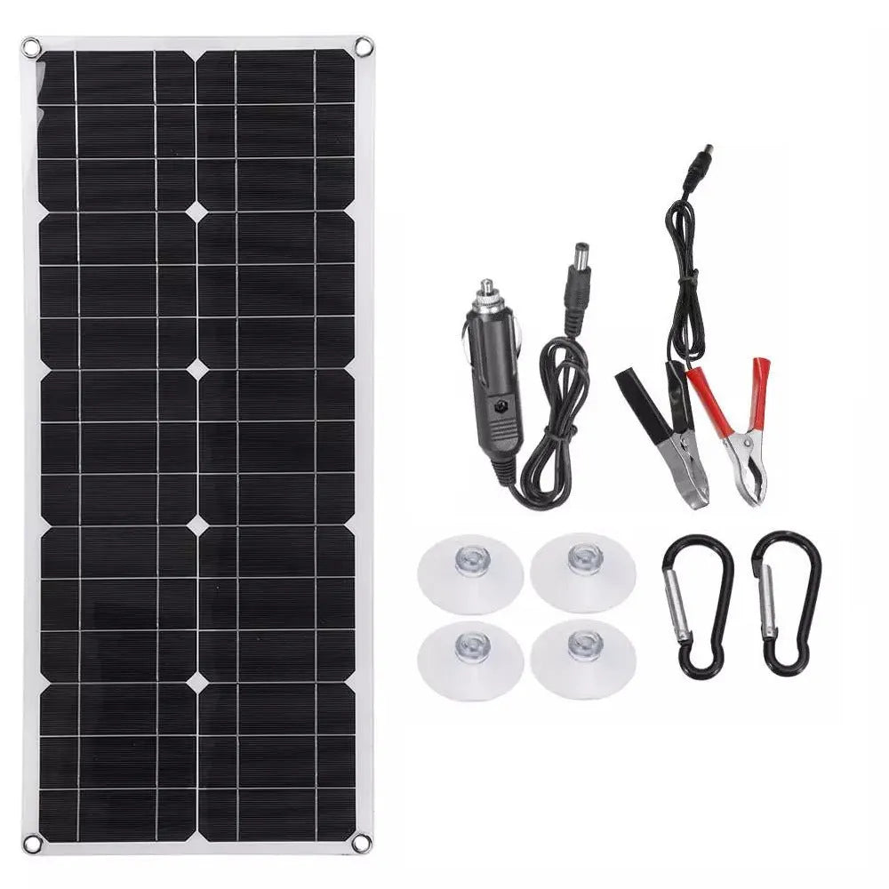 Black semi-flexible 30W solar panel showing USB charging port for outdoor use.
