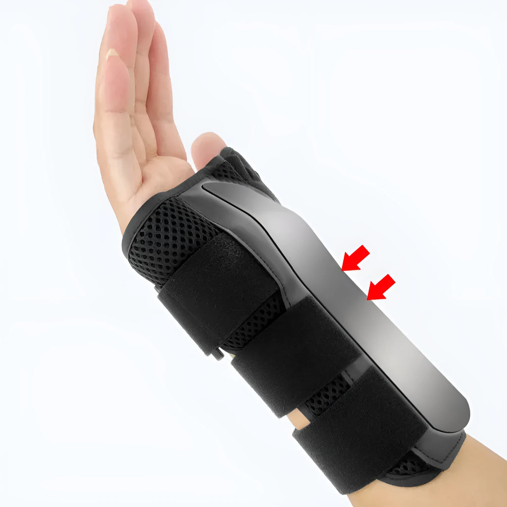 Black carbon fibre sports wrist guard with grey edging and an adjustable thumb strap for left or right hand.