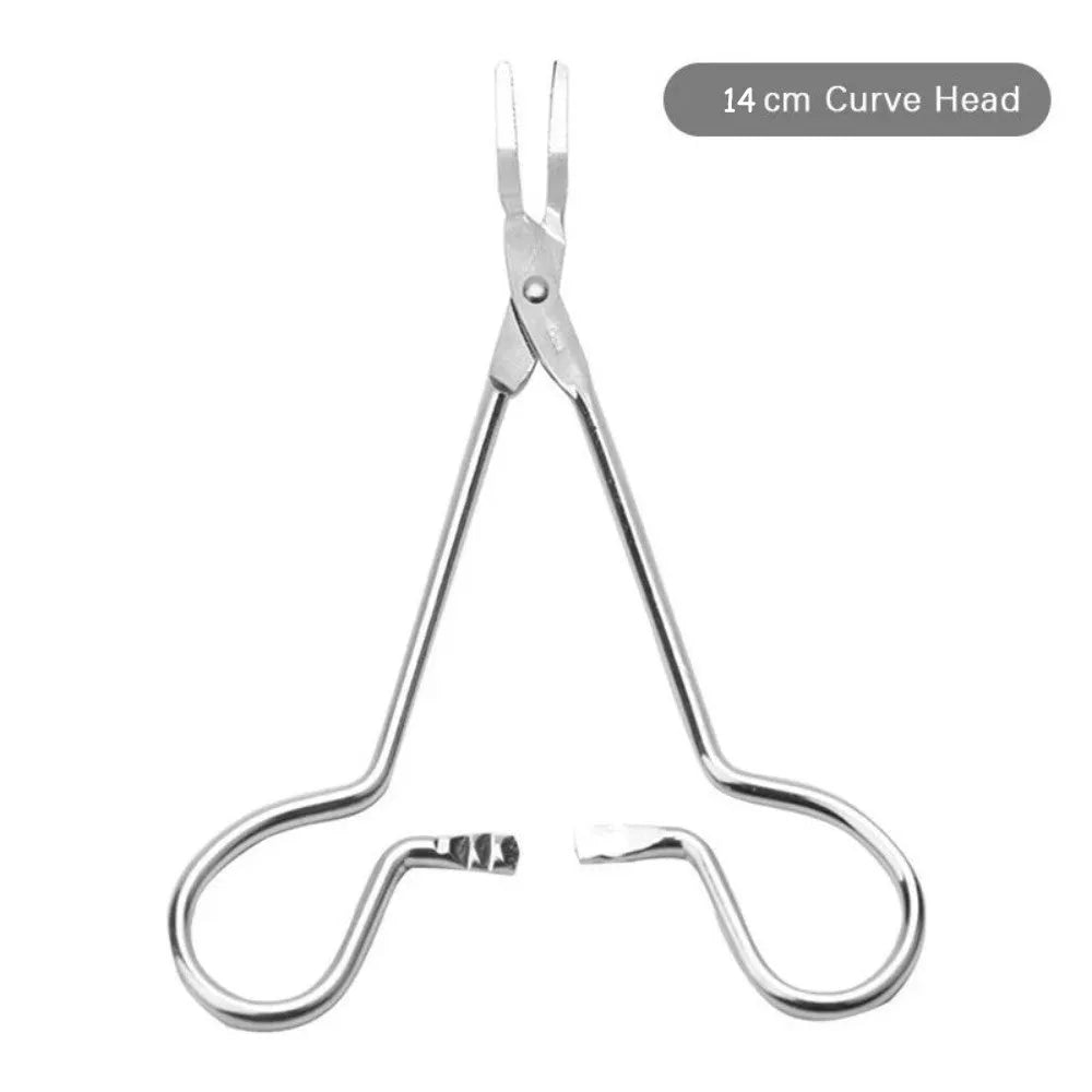 Silver stainless steel pet ear cleaning tweezers with curved tip and ergonomic handle