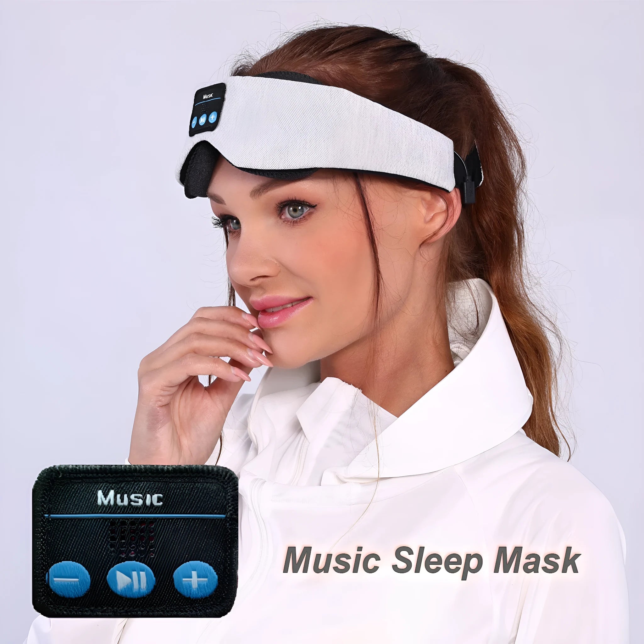 Grey Bluetooth sleeping eye mask with outline design showing integrated speaker placement