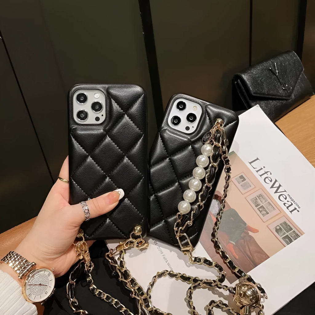 Xiaoxiangfeng imitation leather iPhone case with adjustable messenger strap and golden ball detail