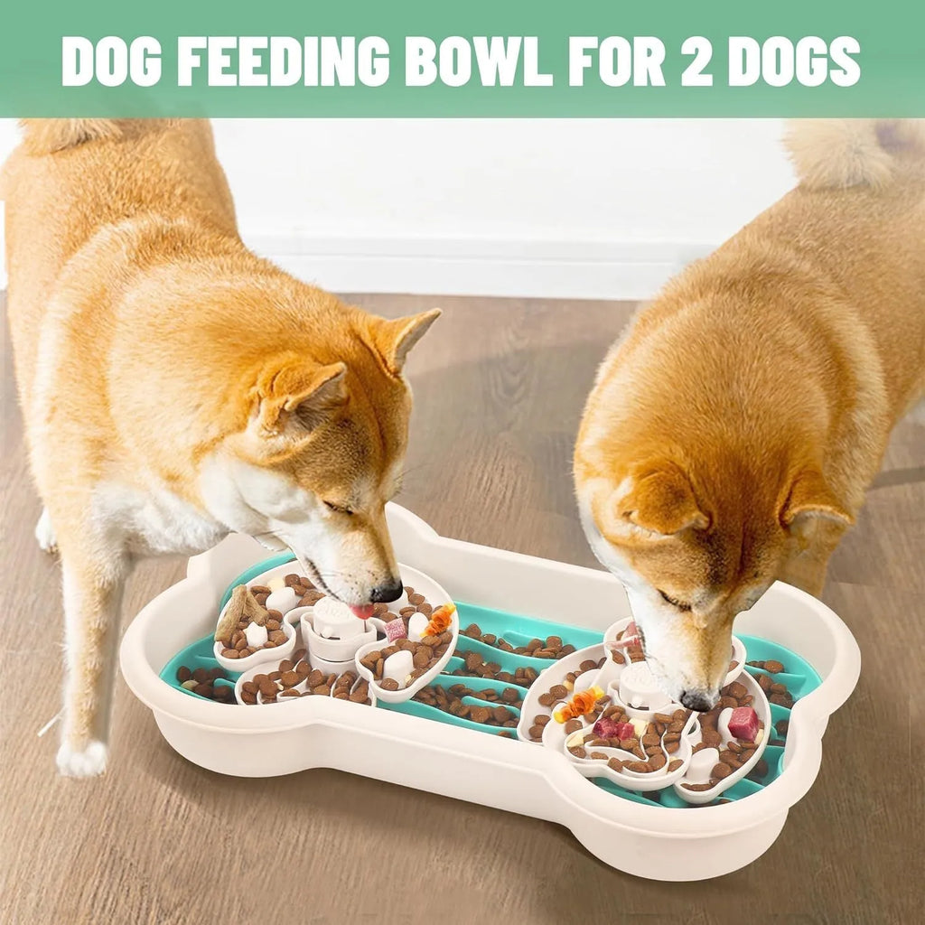 Green slow feeder dog bowl with three removable trays showing wave and groove patterns for large dogs.