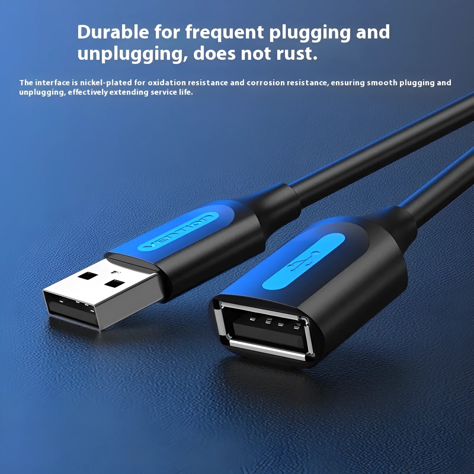 Black USB A Male to AM extension cable showing straight connectors, available in multiple lengths.