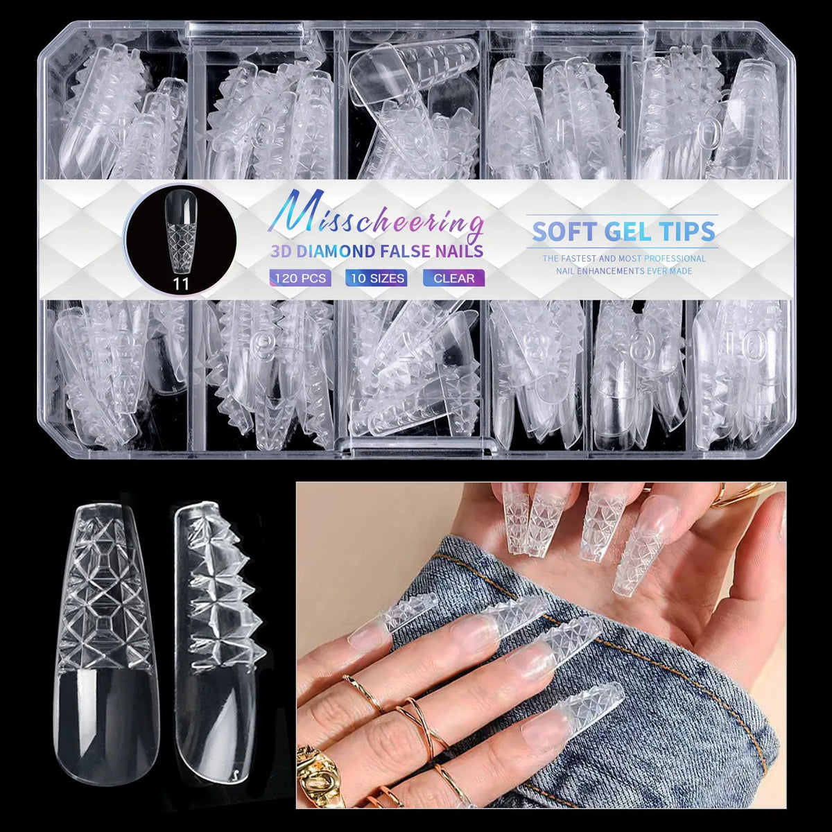Set of 3D diamond texture long artificial nail tips in various colours from Diamond Nail collections.
