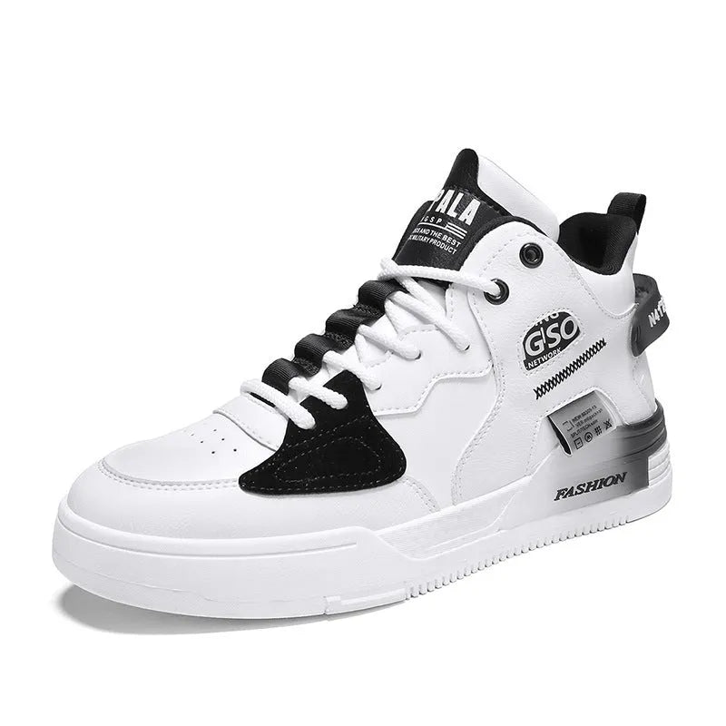 Men's high-top sports casual shoes with PU upper, mesh lining, and rubber sole in khaki, white, or black and gray