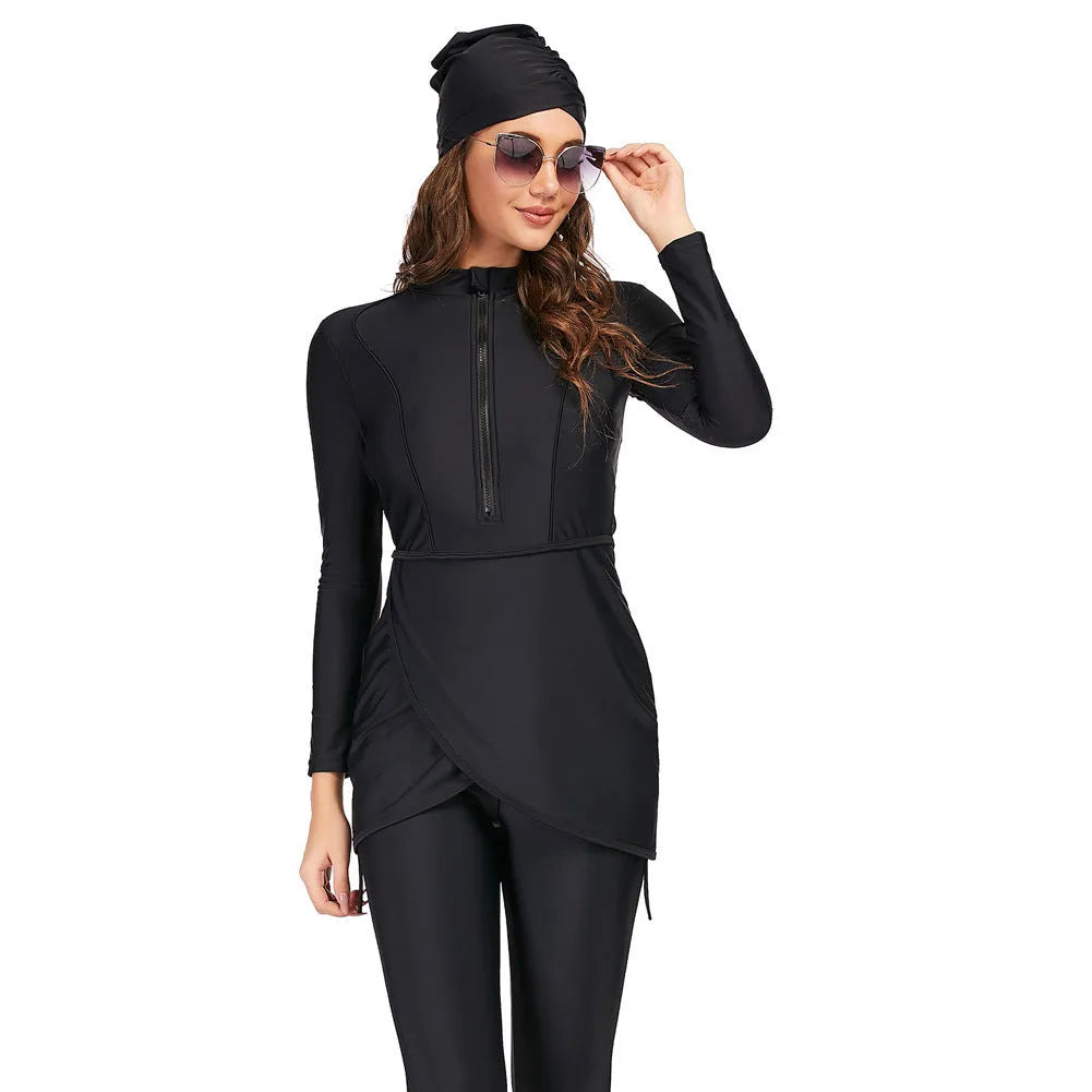 Black conservative Muslim swimsuit for ladies with quick-drying lining in S to 4XL sizing