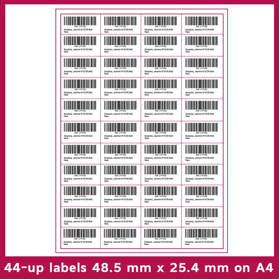 Pack of blank white A4 FBA label paper sheets showing different grid formats for barcodes.