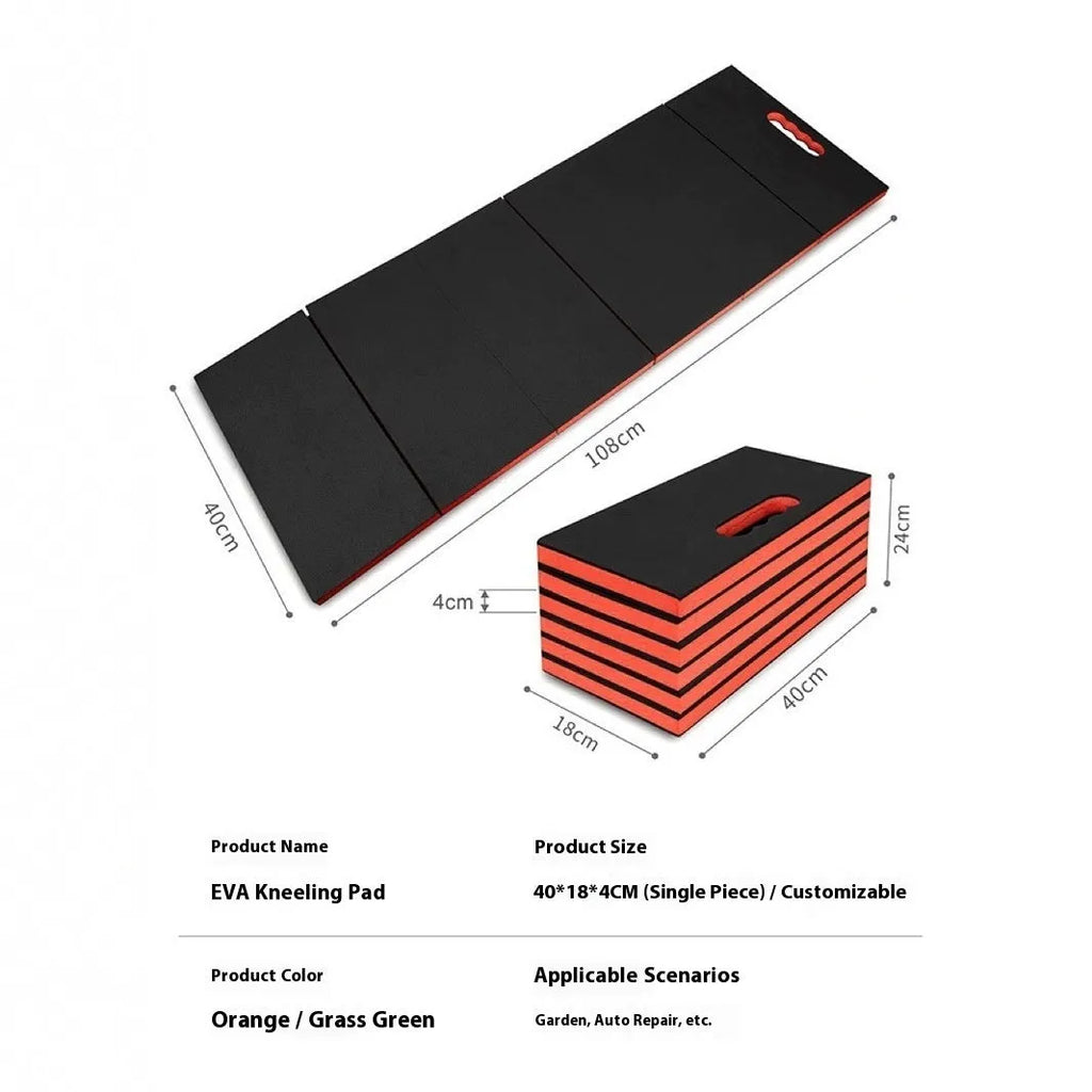 Folding EVA kneeling mat for car repair work with dimensions 116x40x2.5cm shown open and folded