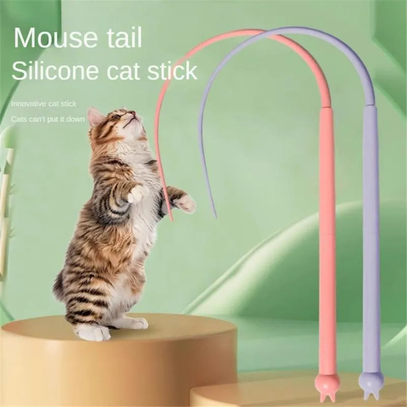 Blue simulated mouse tail cat toy with long silicone tail and cat head handle for interactive feline play