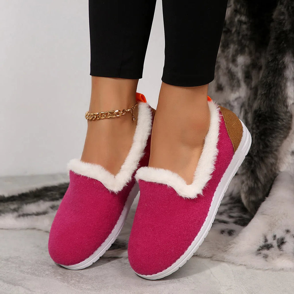 Women's Korean style thick soled low top suede slip on loafers with warm plush lining in rose red