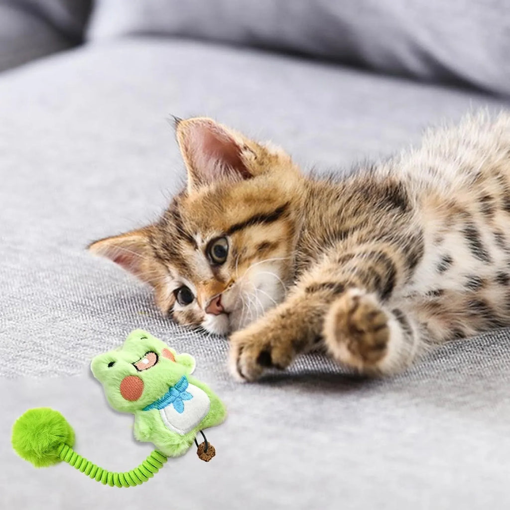 Four-in-one cat interactive toys with silvervine fruit, spring, fuzzy ball, and plush animal designs