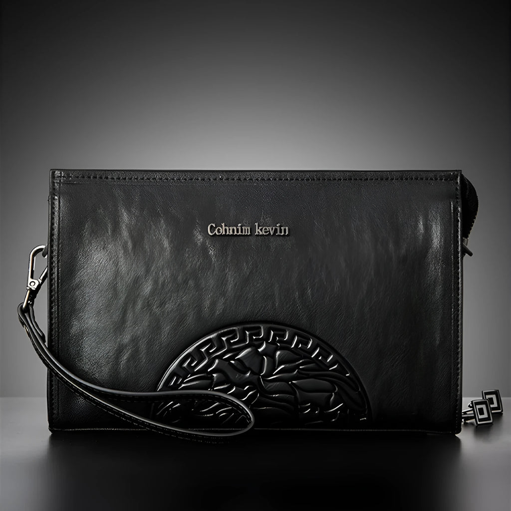Men's genuine leather messenger bag in C248 with striped polyester lining and shoulder strap