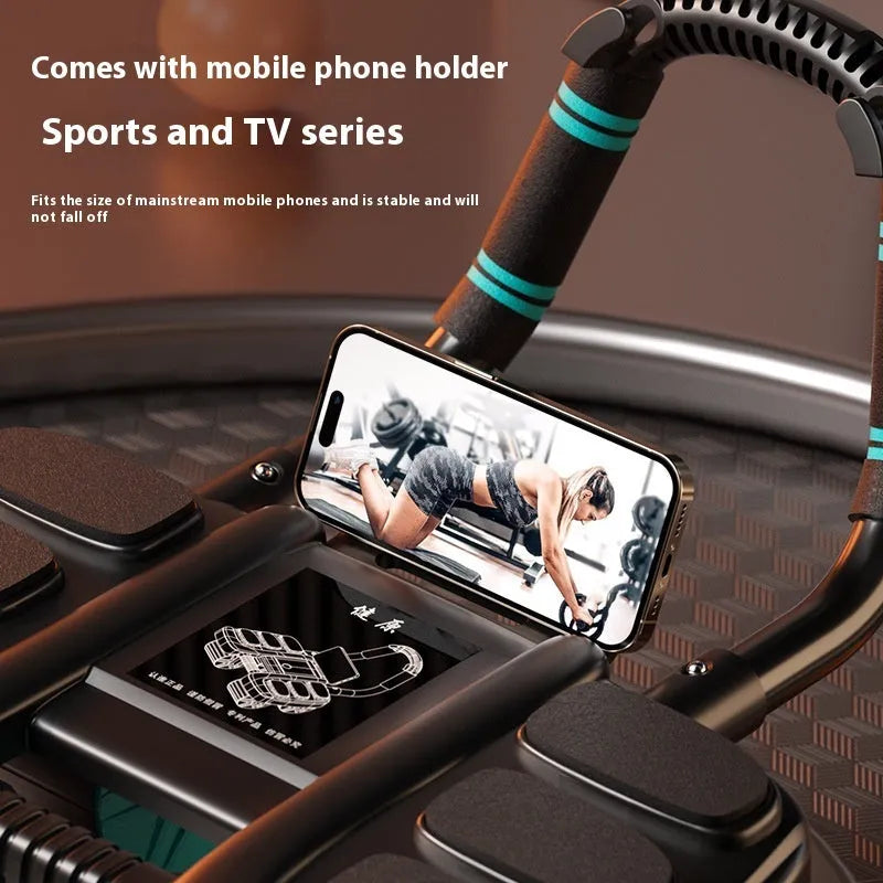 Orange four-wheel abdominal roller with elbow support pads and automatic rebound mechanism.